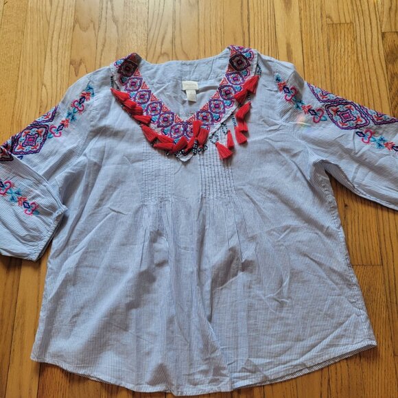 Chicos Embroidered Tunic Top W/ Tassels & Beading - Size 2 Large - Picture 5 of 8